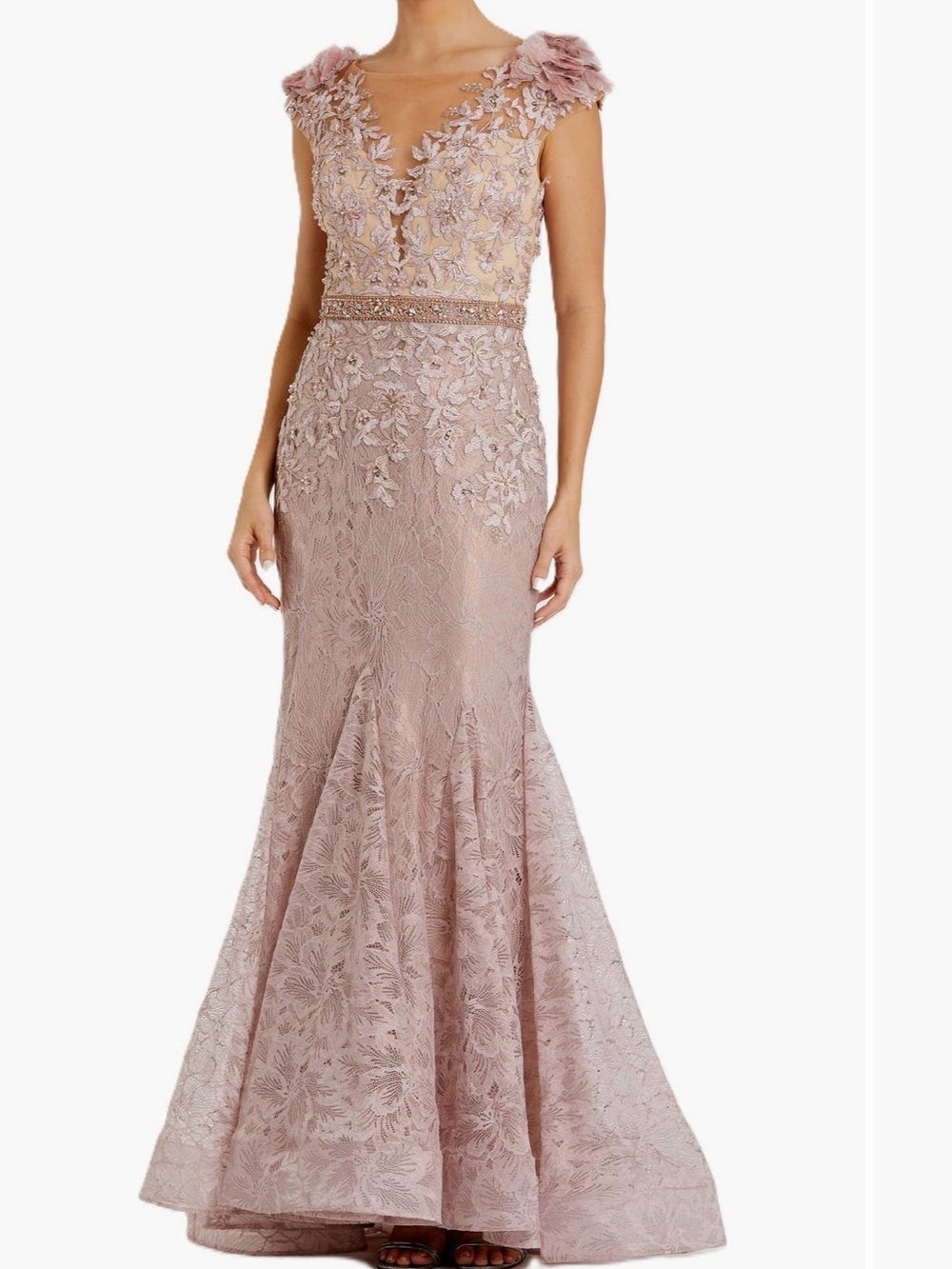 Mac Duggal Dusty Rose Embroidered Lace Maxi Gown
